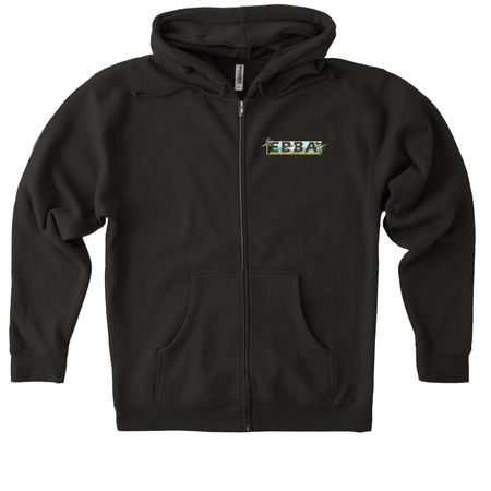 EBBA logo front, meet back, a Black Heavyweight Zip Up Hoodie