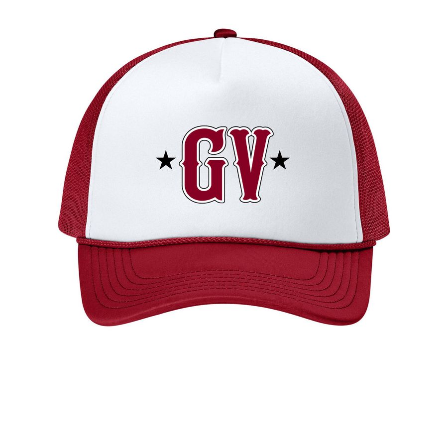 GV All Stars Hat (light background), a White/ Rich Red Printed Foam Trucker Hat