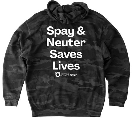 Spay & Neuter Saves Lives, a Black Camo Heavyweight Camo Pullover Hoodie (back-view)