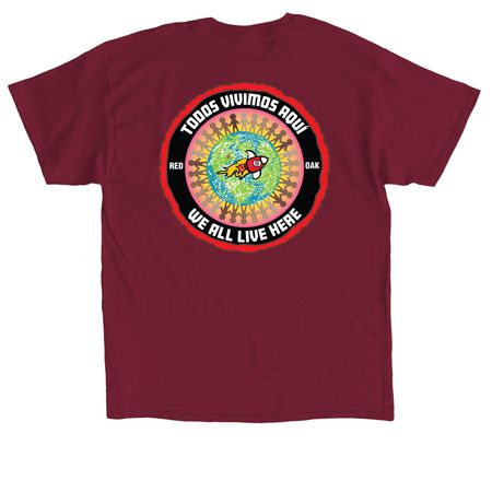 We All Live Here Rocket, a Cardinal Red Classic Unisex Tee (back-view)