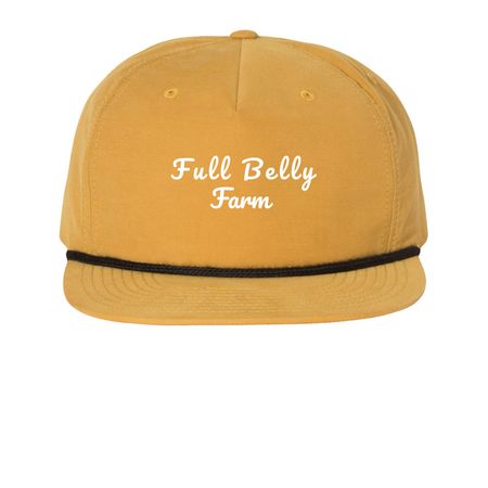 Full Belly Farm cursive hats, a Biscuit/ Black Printed Umpqua Snapback Cap