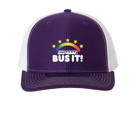 Bus It! Trucker Hats, a Purple/ White Printed Snapback Trucker Cap