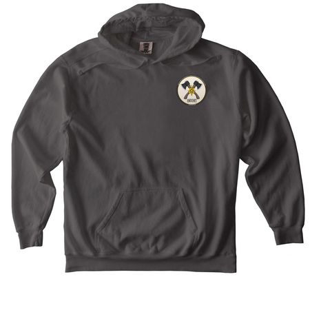 Hatchet Logo on Front, a Pepper Comfort Colors Pullover Hoodie
