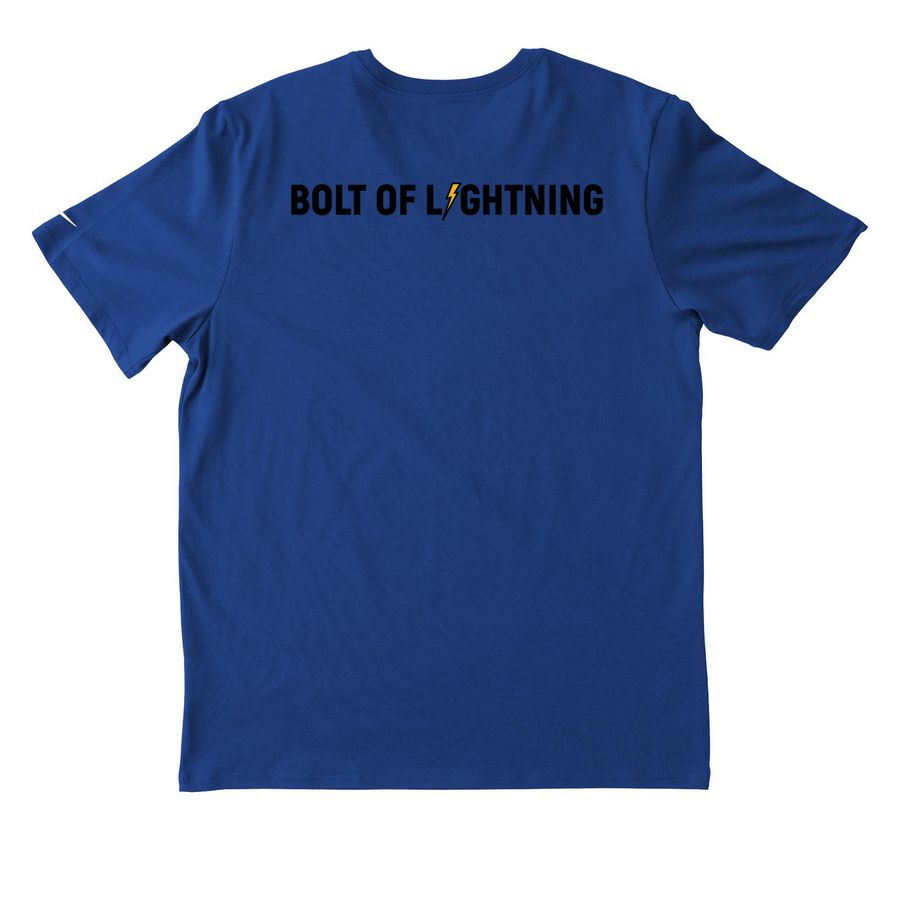 Bolt of Lightning Running Store (Nike), a Rush Blue Nike Dri-FIT Jersey Blend Performance Tee (back-view)