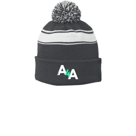 Athletes for Accessibility Hats, a Iron Grey/ White Printed Stripe Pom-Pom Beanie
