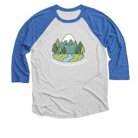 Tudor Happy Mountain Baseball Tee, a Vintage Royal and Heather White 3/4 Sleeve Baseball Tee