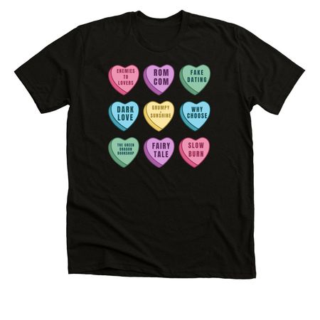 Candy Hearts Romance Tropes Edition, a Black Heather Premium Unisex Tee
