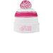 Team Heather Beanies -Several Types Available, a White/ Pink Raspberry Printed Stripe Pom-Pom Beanie