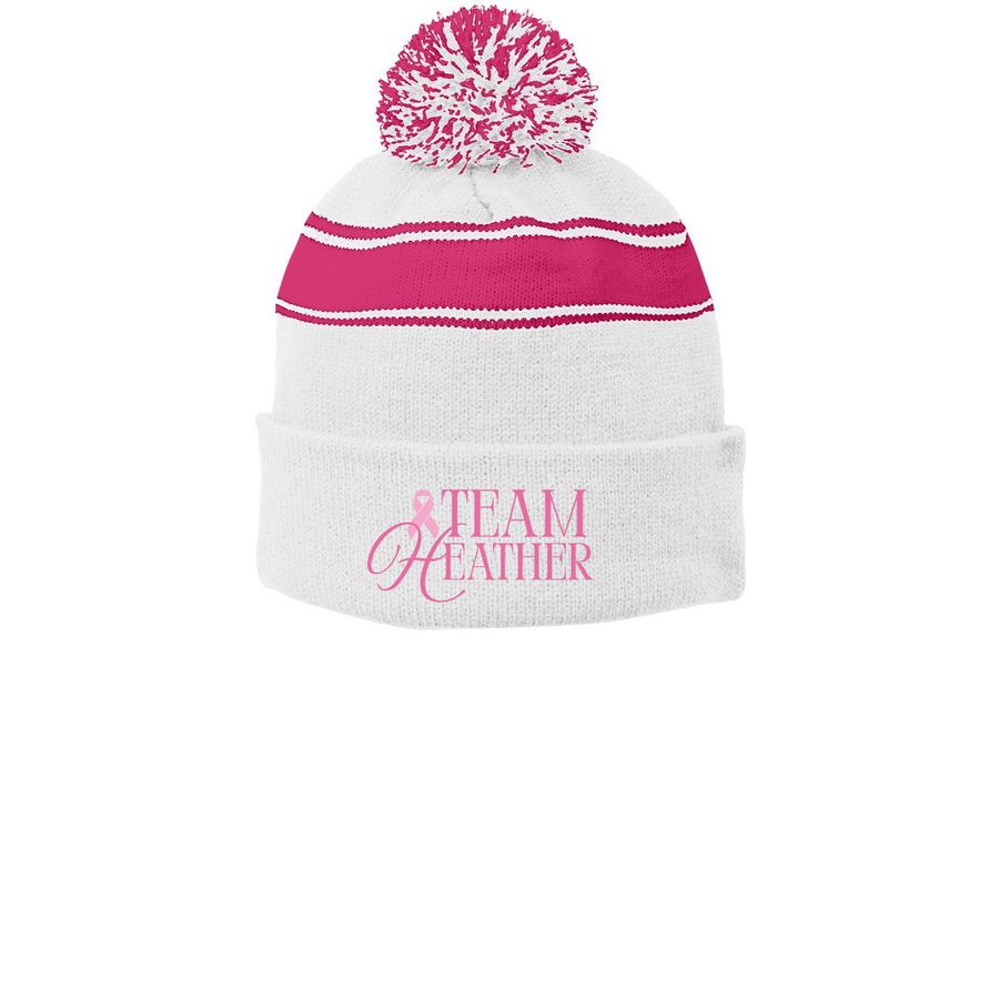 Team Heather Beanies -Several Types Available, a White/ Pink Raspberry Printed Stripe Pom-Pom Beanie