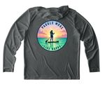 Sun Shirts Paddle More Live Happy, a Dark Smoke Grey UV Performance Long Sleeve Hoodie (back-view)