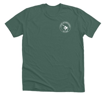 White Logo, a Heather Forest Premium Unisex Tee (back-view)