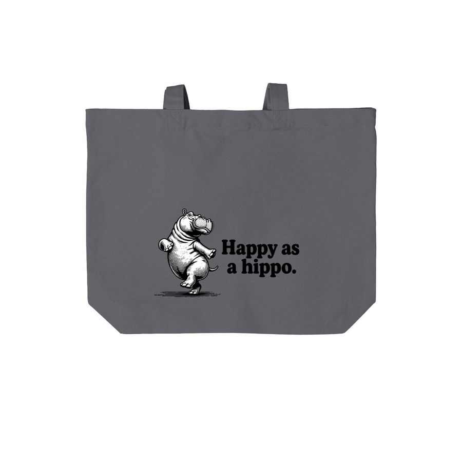 Happy Hippo Tote, a Storm Grey Cotton Canvas Tote Bag