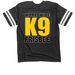 "My dog gets high on grass." K9 Frisbee Shirt, a Vintage Smoke / White Football Jersey Tee (back-view)