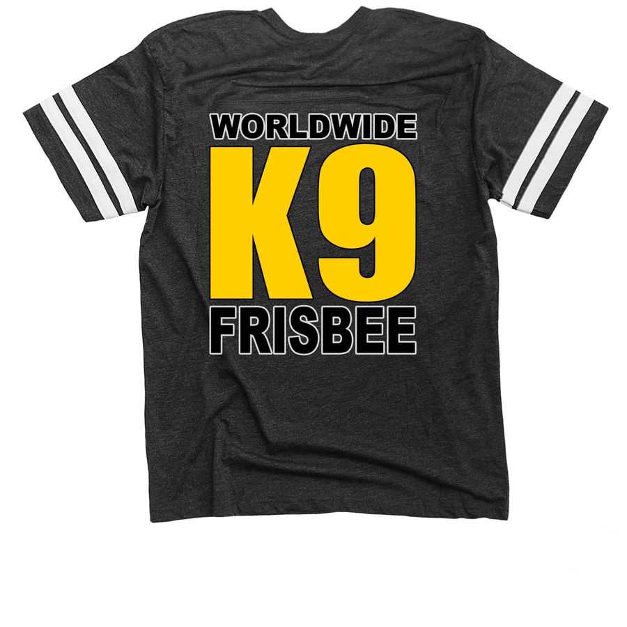 "My dog gets high on grass." K9 Frisbee Shirt, a Vintage Smoke / White Football Jersey Tee (back-view)