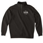 JUST HERE TO BANG, a Black Midweight Quarter Zip Pullover (back-view)