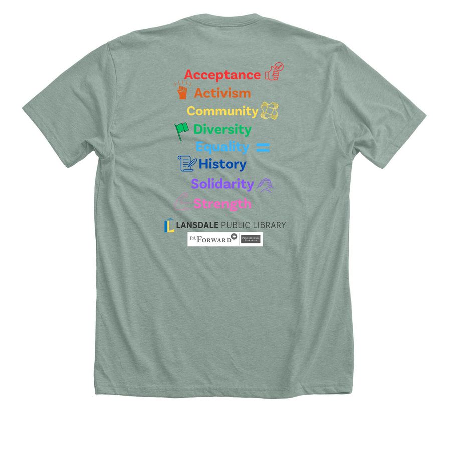 Libraries are for Everyone, a Heather Sage Premium Unisex Tee (back-view)