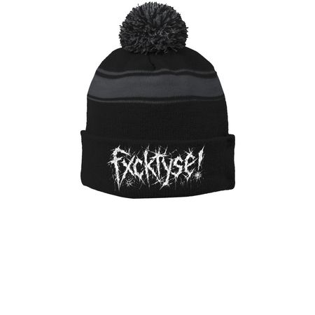 FXCKTYSE! PUFFBALL BEANIE, a Black/ Iron Grey Printed Stripe Pom-Pom Beanie