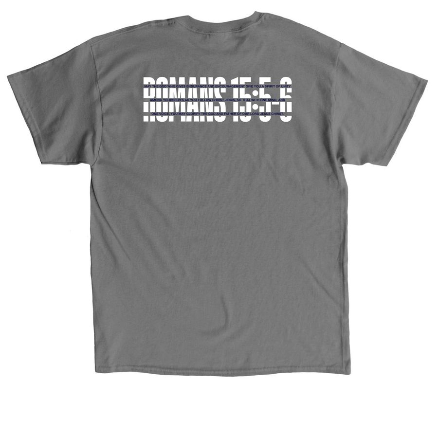 Romans 15:5-6, a Charcoal Classic Unisex Tee (back-view)
