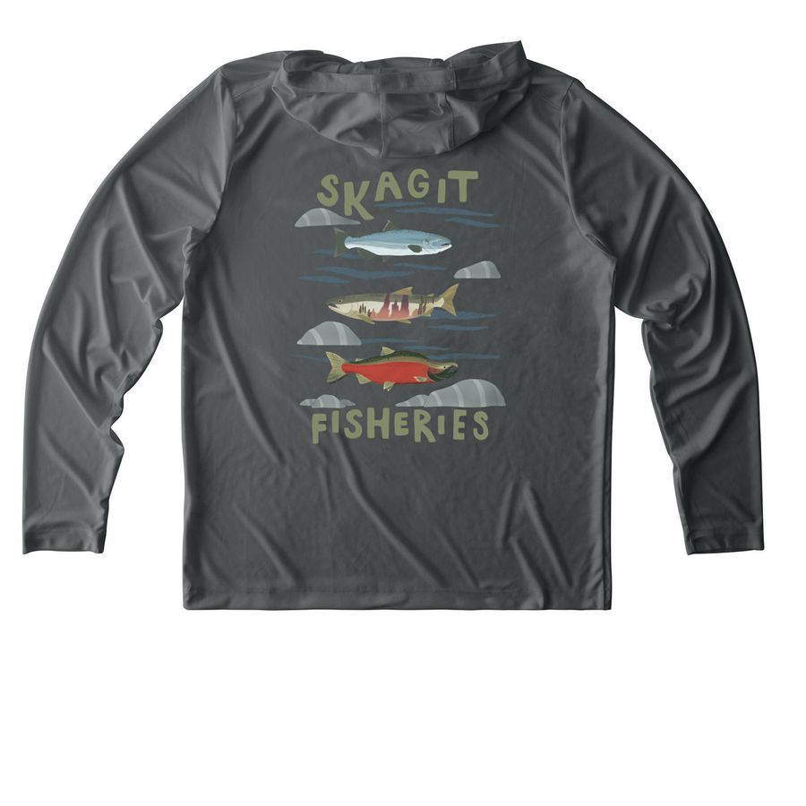 Swag Sale: Celebrate Spawner Season, a Dark Smoke Grey UV Performance Long Sleeve Hoodie (back-view)
