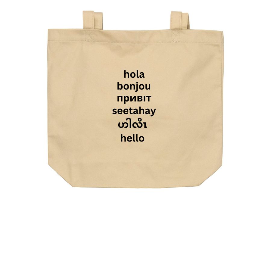 HELLO, a Oyster Organic Cotton Tote Bag