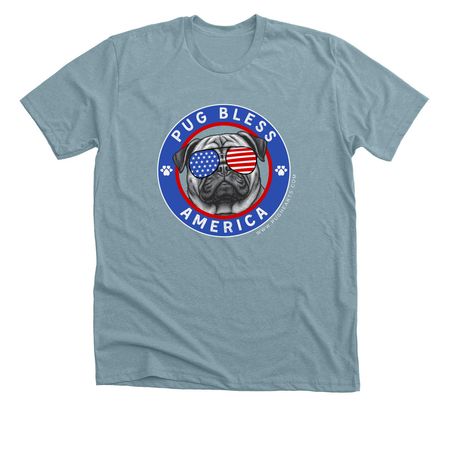 Pug Bless America, a Heather Blue Lagoon Premium Unisex Tee