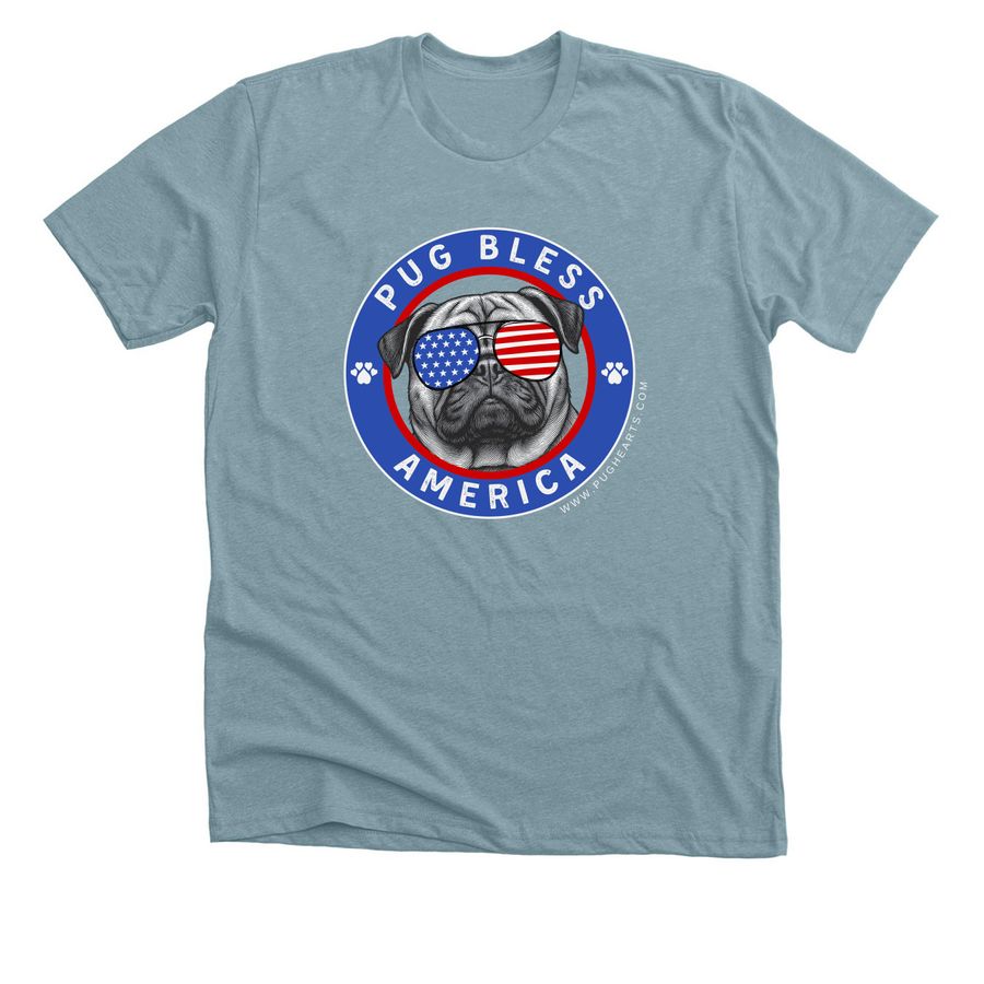 Pug Bless America, a Heather Blue Lagoon Premium Unisex Tee