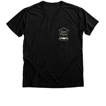 Slow, Wholehearted. (back graphic), a Black Heather Premium V-Neck Tee