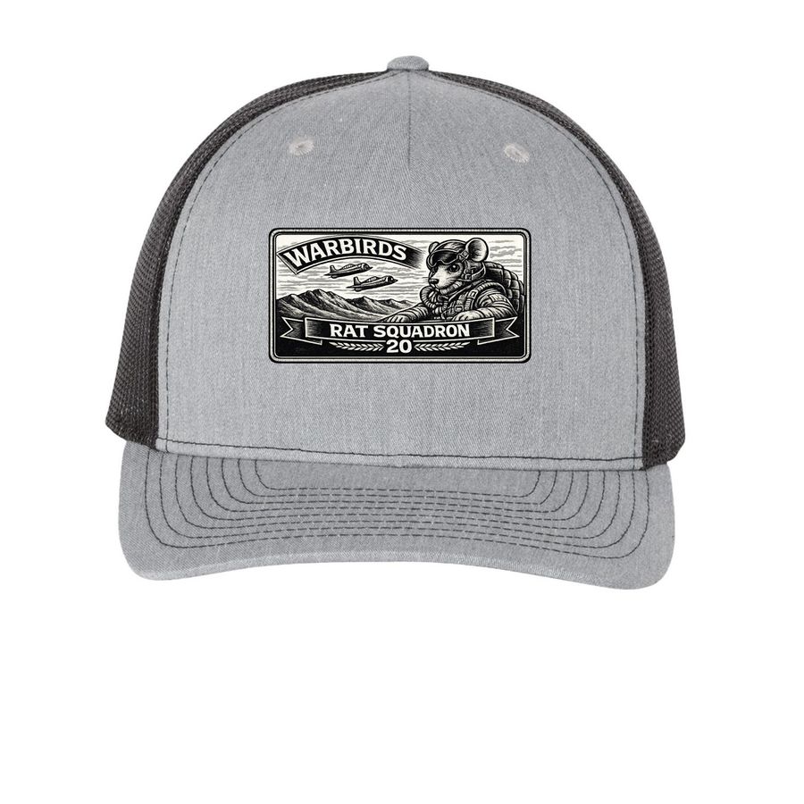 Warbird Squadron 20 Cap, a Heather Grey/ Black Printed Five-Panel Trucker Cap
