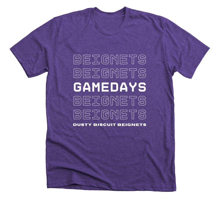 BEIGNETS + GAMEDAYS, a Heather Team Purple Premium Unisex Tee