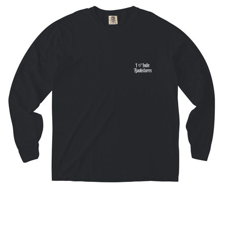 I Heart Indie Bookstores Long Sleeve, a Black Comfort Colors Long Sleeve Pocket Tee