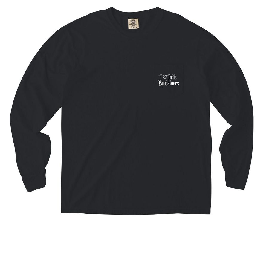 I Heart Indie Bookstores Long Sleeve, a Black Comfort Colors Long Sleeve Pocket Tee