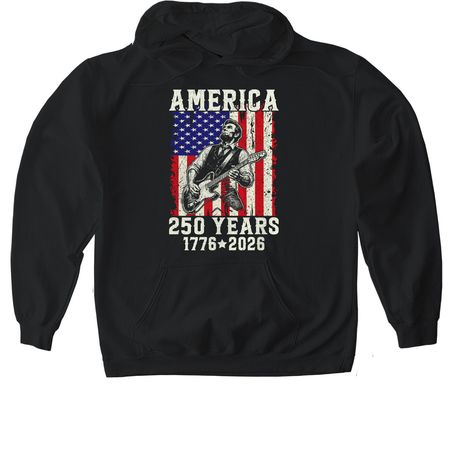 Abraham Lincoln Playing Guitar 4th July 250th, a Black Gildan Softstyle Pullover Hoodie