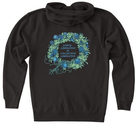 LGBTQ+ Liberation Zip Up, a Black Heavyweight Zip Up Hoodie (back-view)