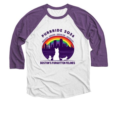 Purrride 2026, a Purple Rush and Heather White 3/4 Sleeve Baseball Tee