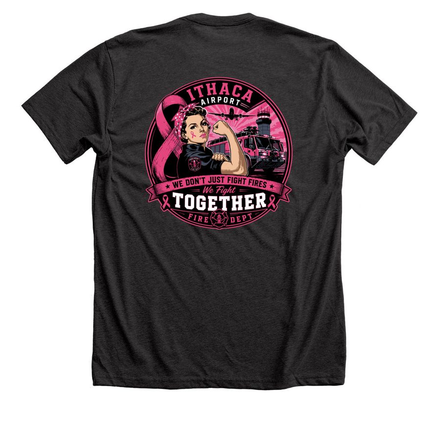 Ithaca Airport Fire Takes On Breast Cancer, a Dark Grey Heather Premium Unisex Tee (back-view)