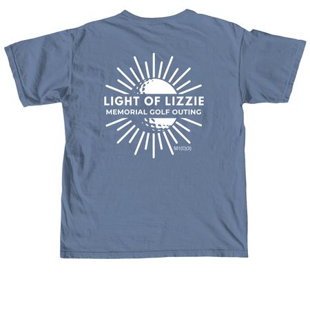 LoL Golf Merch 6-styles of large logo on back, a Blue Jean Comfort Colors Unisex Tee (back-view)