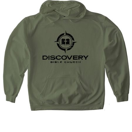 Outreach Hoodie - Distressed Black Logo, a Military Green Gildan Softstyle Pullover Hoodie