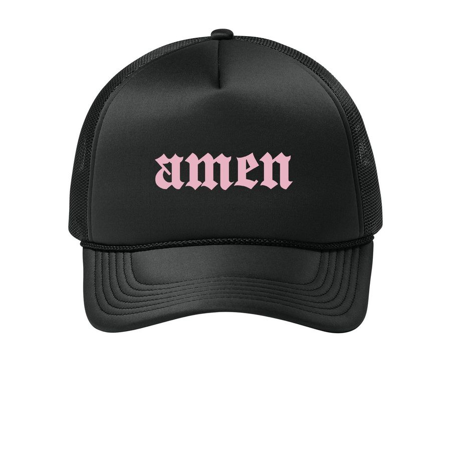 AMEN FOAM TRUCKER, a Deep Black Printed Foam Trucker Hat