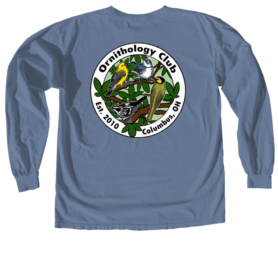 Retro Ornithology Club Logo (Black-and-white), a Blue Jean Comfort Colors Long Sleeve Tee (back-view)