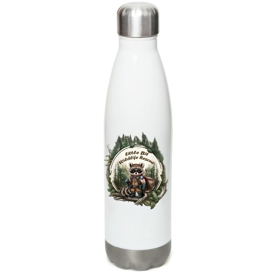 Little Bit Rescue | Raccoon Hero Bottle, a White Stainless Steel Water Bottle (back-view)