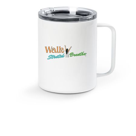 Walk Stretch Breathe, a White Stainless Steel Travel Mug