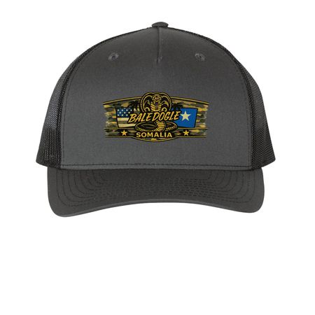 BMA HATS USA-SOM, a Charcoal/ Black Printed Five-Panel Trucker Cap