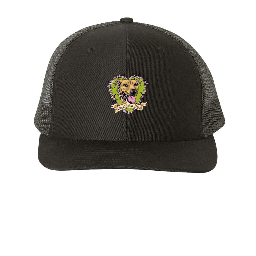 ?Mahina?s Ohana Rescue? logo trucker hat, a Black Printed Snapback Trucker Cap