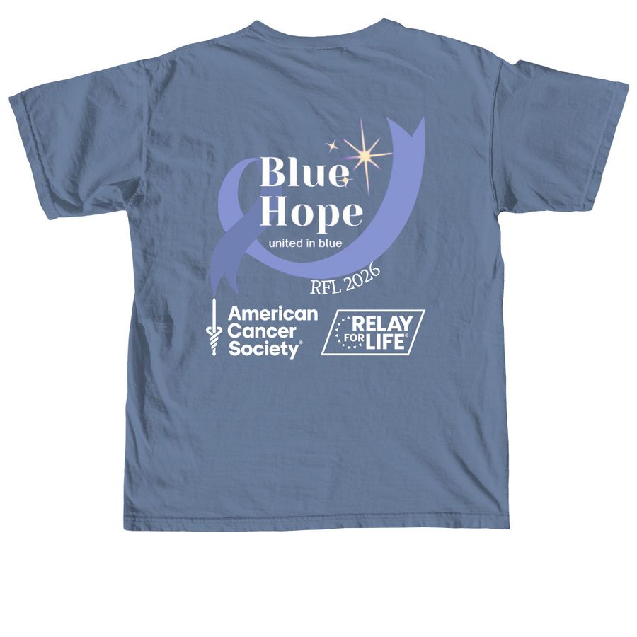 Blue Hope Relay Merch, a Blue Jean Comfort Colors Unisex Tee (back-view)