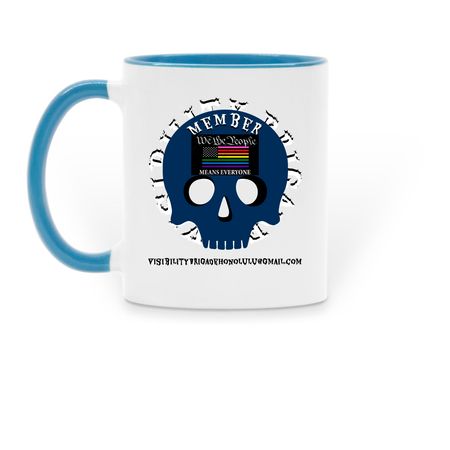 Visibility Brigade Honolulu Member Merch, a Light Blue Two-Tone Ceramic Mug (back-view)