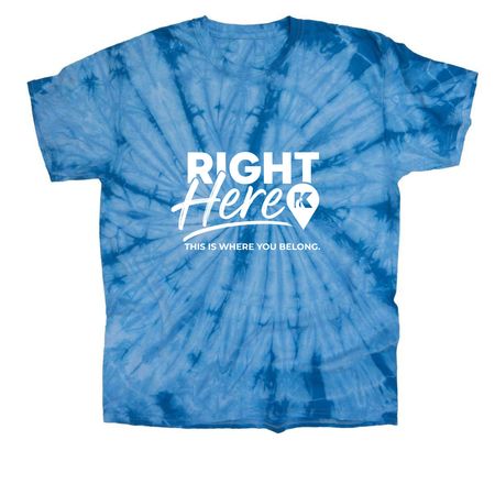 Adult Tie Dye | Right Here - White Logo, a Baby Blue Classic Tie Dye Tee