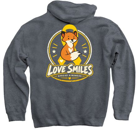 Love Smiles: Books, Comfort & Hope, a Dark Heather Pullover Hoodie (back-view)