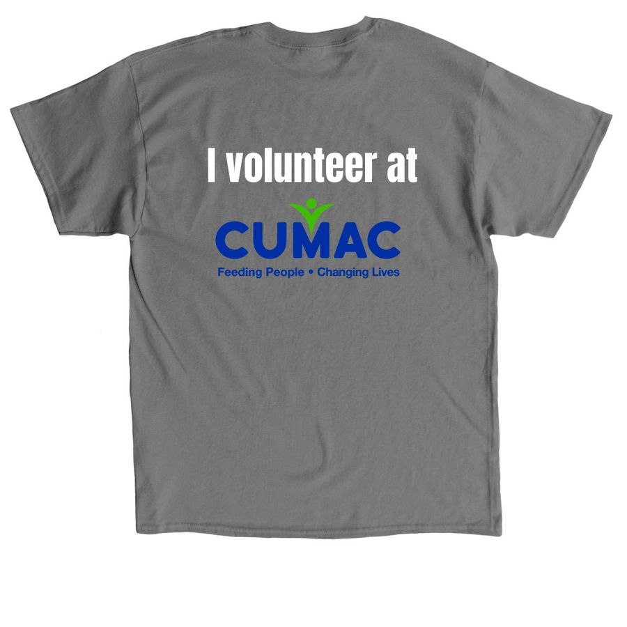 I volunteer at CUMAC, a Charcoal Classic Unisex Tee (back-view)