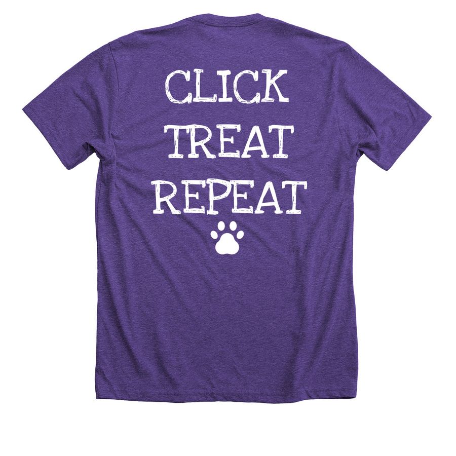 Clicker Training Rocks!, a Heather Team Purple Premium Unisex Tee (back-view)