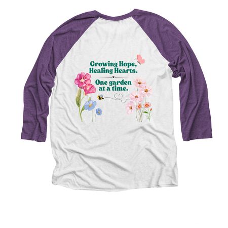 Adopt-A-Garden Volunteer Collection, a Purple Rush and Heather White 3/4 Sleeve Baseball Tee